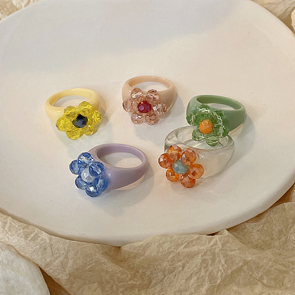 Ретро милые кольца из смолы и кварцевого кристалла, для девочек, цветок
