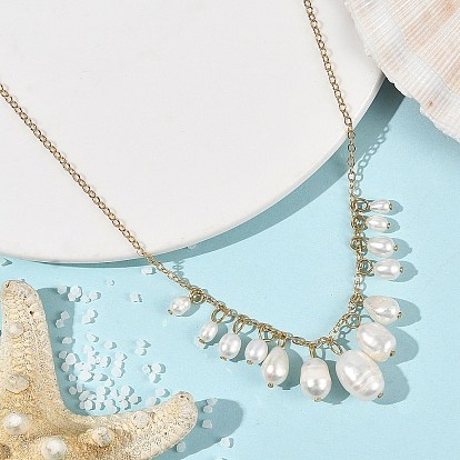 Natural Cultured Freshwater Pearl Rice Graduated Beaded Pendant Brass Cable Chain Necklaces for Women, White