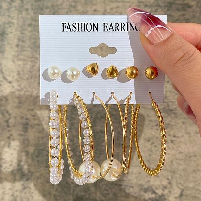 Metal Circle Chain Earrings Set with Love Pins and Butterfly Ear Studs - 6 Pieces Creative Personalized Jewelry for Women