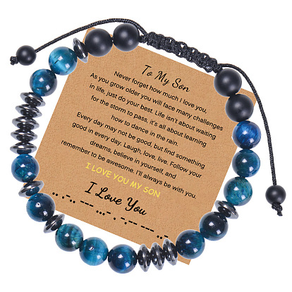 Personalized Morse Code Bracelet with Natural Tiger Eye Stones for Son - Magnetic Clasp