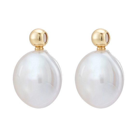 Natural Freshwater Pearl Pendants, Keshi Pearl Flat Round Charms with Brass Bails, Golden