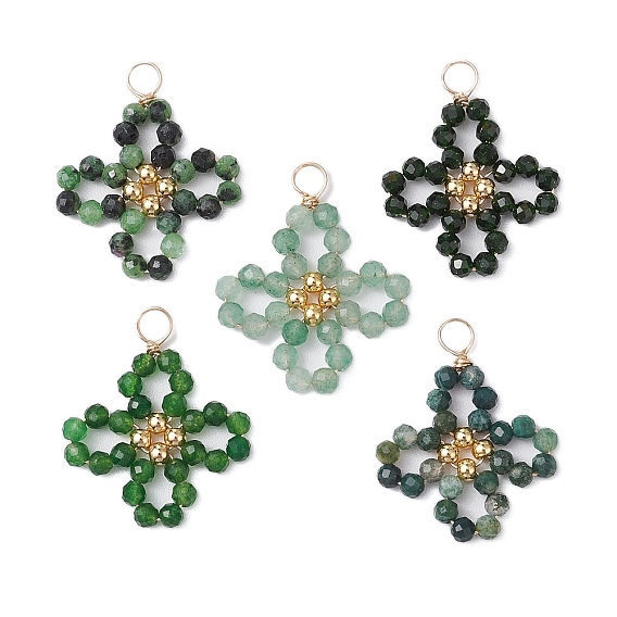 5 шт. 5 стили натуральный зеленый авантюрин и моховой агат и тайваньский нефрит и рубин в цоизите и синтетический зеленый авантюрин ограненные круглые бусины подвески, подвески клевер с латунной фурнитурой, золотой свет