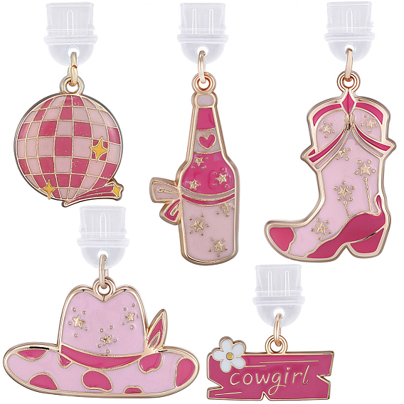 5Pcs Plastic Mobile Dustproof Plugs, with Alloy Enamel Pendants, Mixed Shapes, Golden