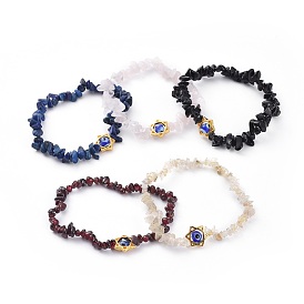 Chips Natural Gemstone Stretch Bracelets, with Lampwork Beads and Alloy Bead Frame, for Jewish, Star of David