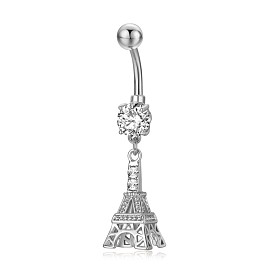 Piercing Jewelry, Brass Cubic Zirciona Navel Ring, Belly Rings, with 304 Stainless Steel Bar, Lead Free & Cadmium Free, Eiffel Tower