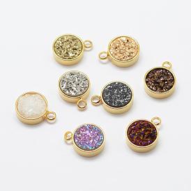 Electroplated Natural Druzy Agate Charms, with Brass Findings, Flat Round, Golden