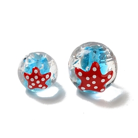 Handmade Lampwork Beads, Hand Drawn Beads, with Enamel, Round with Starfish & Jellyfish Pattern