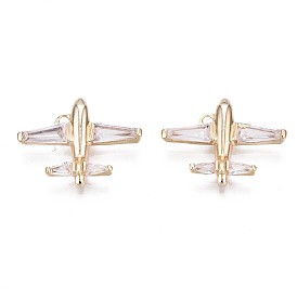 Brass Micro Pave Clear Cubic Zirconia Pendants, Cadmium Free & Nickel Free & Lead Free, Passenger Plane
