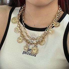Retro Double-layered Metal Necklace with Sun-shaped Pendant for Hip-hop Style Collarbone Chain