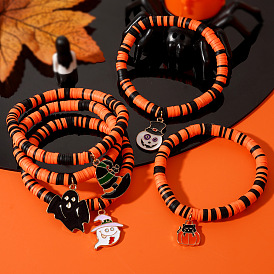 Ghostly Polymer Clay Heishi Stretch Bracelets, Halloween Charm Bracelets for Halloween Party