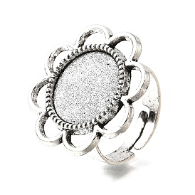 Vintage Adjustable Iron Finger Ring Components Alloy Flower Cabochon Bezel Settings, Cadmium Free & Lead Free, Flat Round Tray: 14mm, 17mm