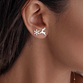 Asymmetrical Reindeer Earrings for Women - Silver Studs with Snowflake Design