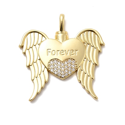 Латунные микропаве прозрачные подвески с фианитом, сердце с крылом и словом навсегда