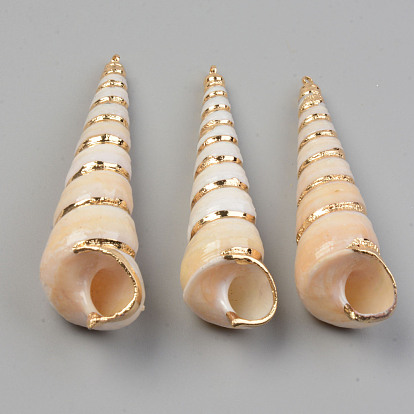 Electroplate Natural Spiral Shell Pendants, with Golden Brass Findings, Screw Shell
