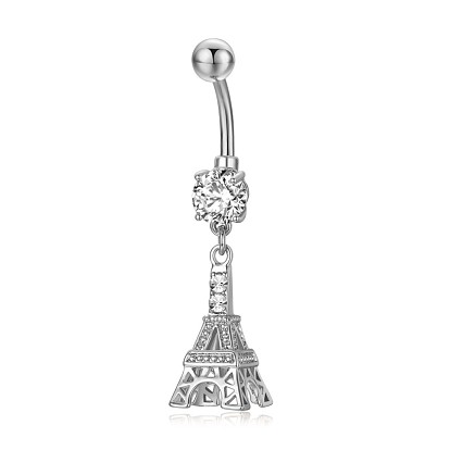Piercing Jewelry, Brass Cubic Zirciona Navel Ring, Belly Rings, with 304 Stainless Steel Bar, Lead Free & Cadmium Free, Eiffel Tower