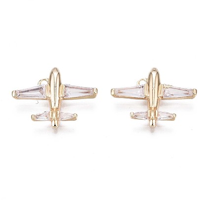 Brass Micro Pave Clear Cubic Zirconia Pendants, Cadmium Free & Nickel Free & Lead Free, Passenger Plane