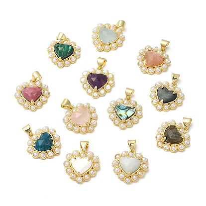 Natural Mixed Gemstone Heart Pendant with Plastic Pearl Beaded, with Real 14K Gold Plated Brass Findings, Heart Charms