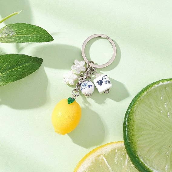 Брелки из смолы, фарфора и акрила, с железными разрезными брелоками, лимон