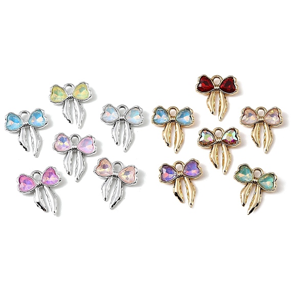 UV Plating Alloy Glass Pendants, Bowknot Charm, Faceted, Mixed Color