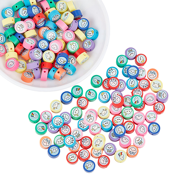200Pcs Printed Handmade Polymer Clay Beads, Flat Round