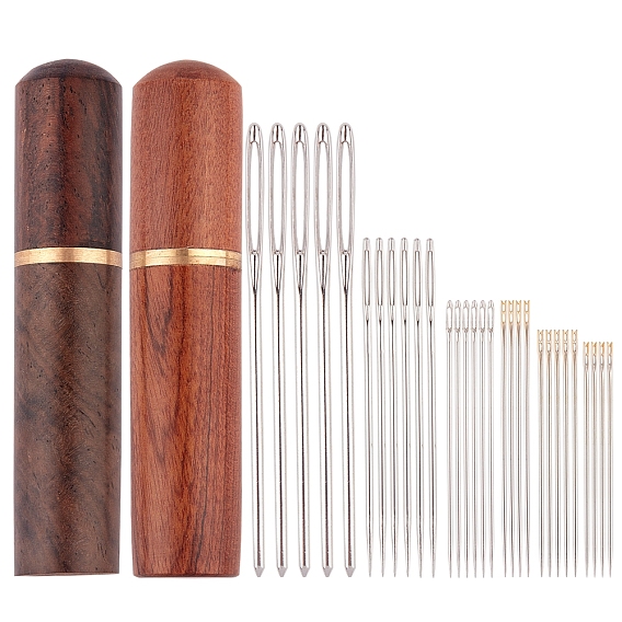 Iron Self-Threading Hand Sewing Needles & Tapestry Needles, with Sandalwood Leather Craft Sewing Needles Case Box