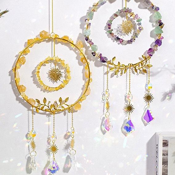 Кольцо с кусочками драгоценных камней в проволочной обертке, украшение с подвеской, подвесные ловцы солнца, с металлической подвеской-солнцем и подвеской в виде стеклянного листа, для украшения дома