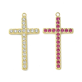 Real 14K Gold Plated 304 Stainless Steel Pendants, with Rhinestone, Cross Charms