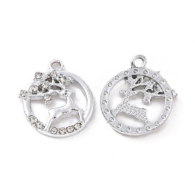 Alloy Crystal Rhinestone Pendants, Flat Round with Deer Charms