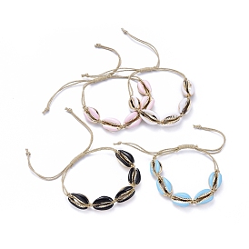 Natural Adjustable Waxed Cotton Cord Braided Bead Bracelets, with Electroplated Cowrie Shell Beads, with Enamel