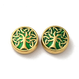 304 Stainless Steel Enamel Beads, Flat Round with Tree of Life