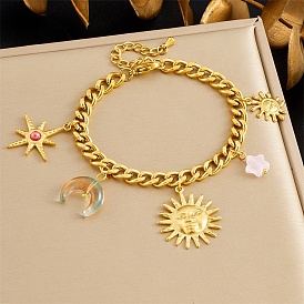 304 из нержавеющей стали браслеты шарма акриловые, браслеты из кубинской цепочки для женщин, солнце и луна и звезда