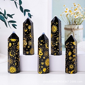 Natural Black Obsidian Pointed Prism Bar Home Display Decoration, Healing Stone Wands, for Reiki Chakra Meditation Therapy Decos, Moon Star Print Faceted Bullet