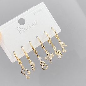 3 Pairs 3 Style Brass Micro Pave Cubic Zirconia Asymmetrical Earrings, Dangle Hoop Earrings, Musical Note & Butterfly & Guitar