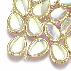 Glass Pendants, with Brass Findings, AB Colors Plated, Drop, Golden