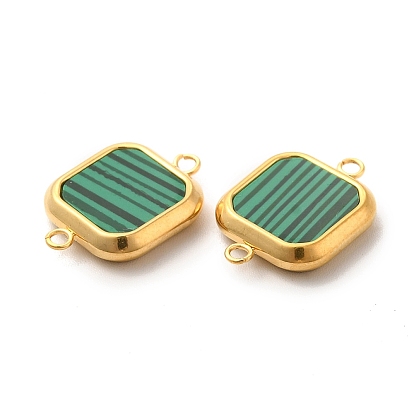Synthetic Malachite Connector Charms, with Vacuum Plating Golden Tone 304 Stainless Steel Findings, Square