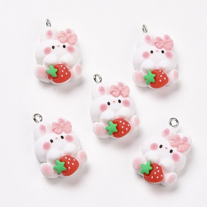 Resin Pendants, with Platinum Iron Findings, Cute, Rabbit with Strawberry