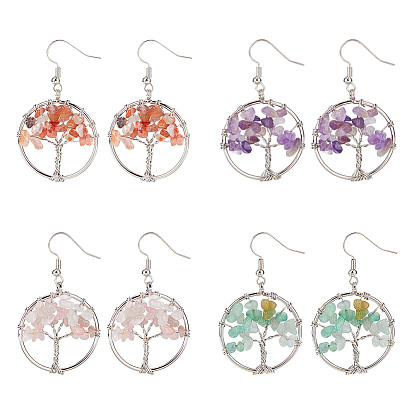 4 пары 4 стиль натуральные смешанные драгоценные камни серьги-подвески в форме дерева жизни, платиновые латунные длинные серьги-подвески для женщин