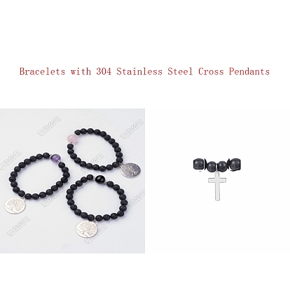 304 bracelets de charme de croix en acier inoxydable, bracelets extensibles en perles rondes de pierres précieuses naturelles et synthétiques pour femmes
