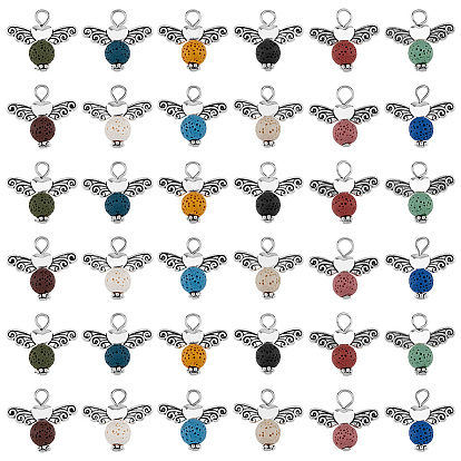 48 шт. 12 цвета, подвески, окрашенные в натуральный лавовый камень, круглые подвески с крыльями из сплава, покрытыми старинным серебром