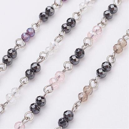 Handmade Faceted Glass Beaded Chains, Unwelded, with Non-Magnetic Synthetic Hematite Beads, Iron Eye Pin, Platinum
