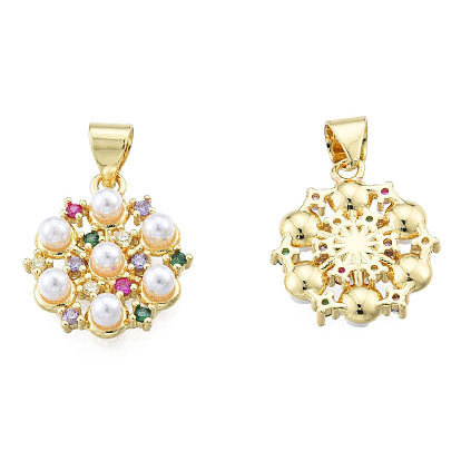 Brass Micro Pave Colorful Cubic Zirconia Pendants, with ABS Plastic Imitation Pearl Beads, Nickel Free, Flower