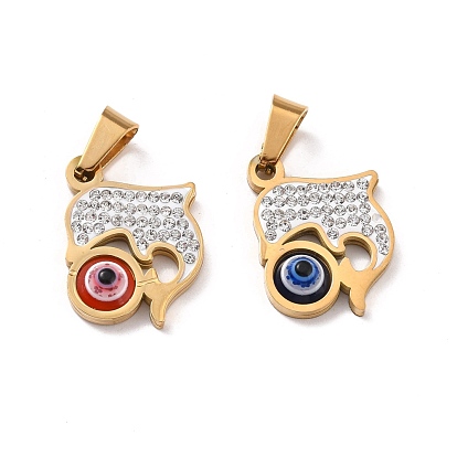 304 Stainless Steel Pendants, with Polymer Clay Rhinestone and Evil Eye Resin Round Beads, 201 Stainless Steel Bails, Dolphin