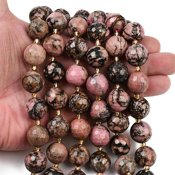 Природные родонит бисер нитей, граненые, круглые, с бисером