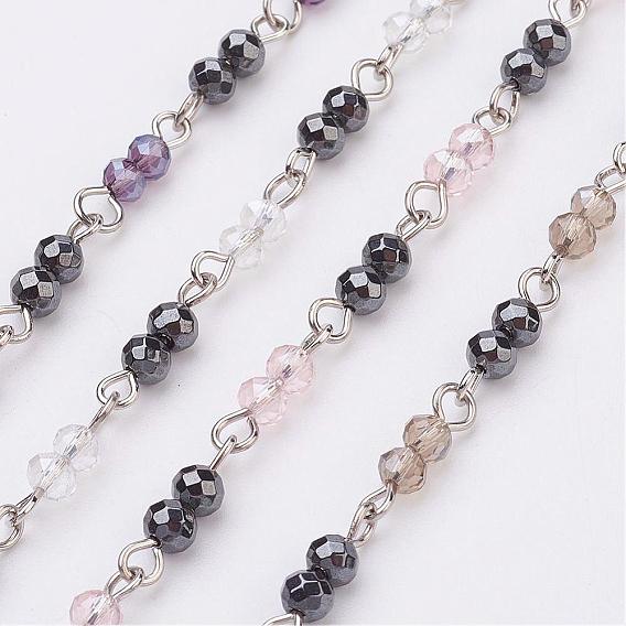 Handmade Faceted Glass Beaded Chains, Unwelded, with Non-Magnetic Synthetic Hematite Beads, Iron Eye Pin, Platinum