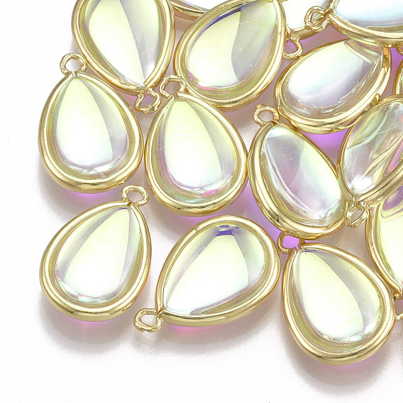 Glass Pendants, with Brass Findings, AB Colors Plated, Drop, Golden