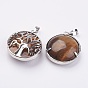 Stone Pendants, with Platinum Tone Brass Findings, Flat Round with Tree of Life