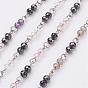 Handmade Faceted Glass Beaded Chains, Unwelded, with Non-Magnetic Synthetic Hematite Beads, Iron Eye Pin, Platinum