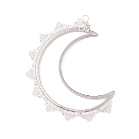 Gros pendentifs en quartz rose naturel et perles de verre enveloppés de fil, charme de lune en laiton