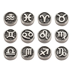 24Pcs 12 Style 304 Stainless Steel Enamel Beads, Flat Round with Constellation, Antique Silver, Black