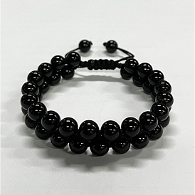 Round Natural Obsidian Braided Bead Bracelet, Double Layer Gemstone Bracelet for Women